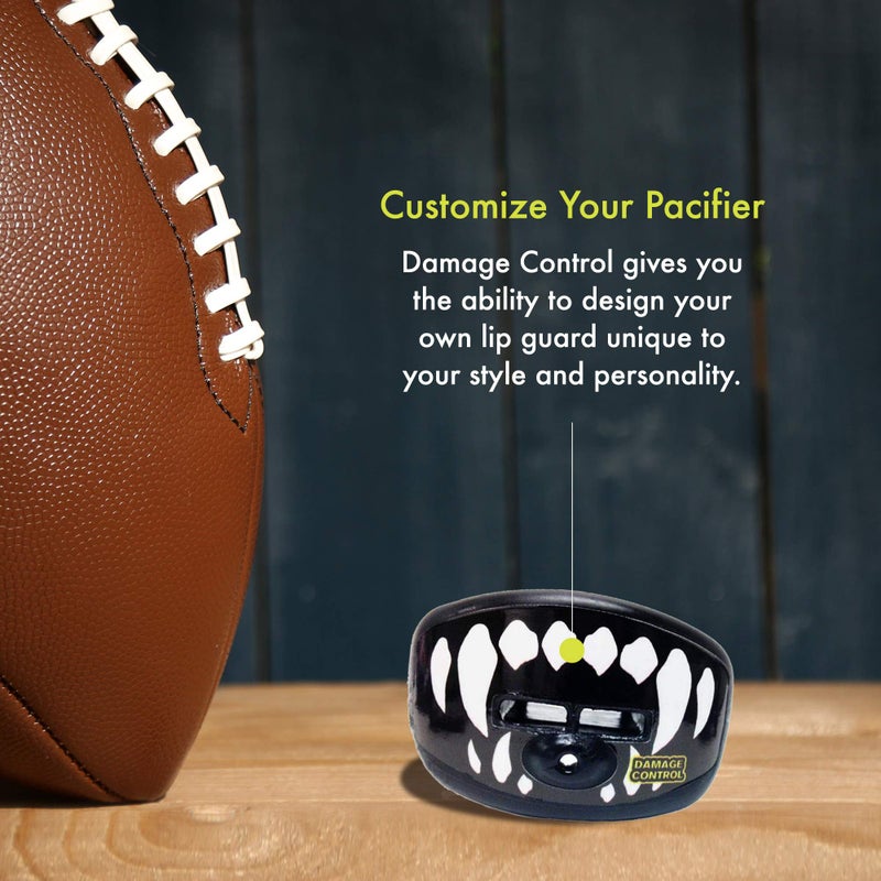 DAMAGE CONTROL دفاع الأضرار مصاصة فم - واقي فم كرة القدم مع حزام خوذة، يحمي الأسنان والفك والفم - قطعة فم للرياضات، لا تحتاج إلى غلي، تسمح بتدفق الهواء - معدات للبالغين والشباب (أنياب)  - Image 5